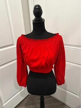 Red Off-Shoulder Long Sleeve Crop Top